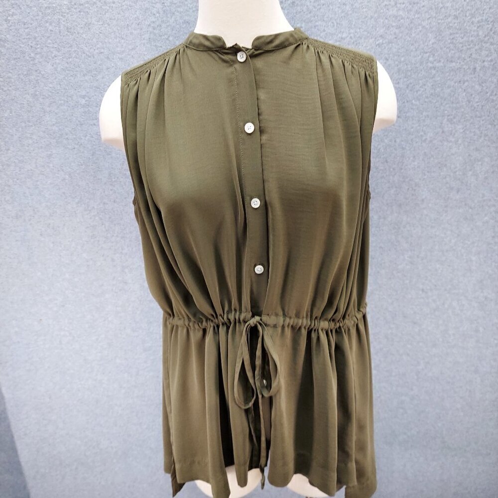 Sleeveless Olive Green Button-Down Blouse With Drawstring Waist & Pleated Back